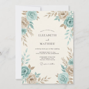 Aqua-Taupe-Rosen-Hochzeit Einladung