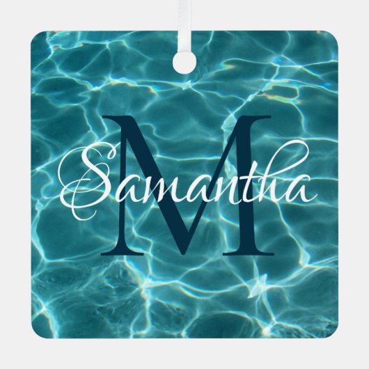 Aqua Teal and White Swimming Pool Photo Monogram Ornament Aus Metall (Vorderseite)