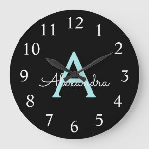 Aqua Teal Blue Script Girly Monogram Name Große Wanduhr
