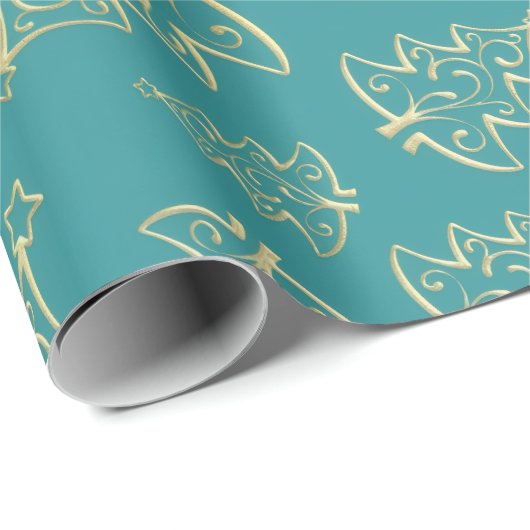 Aqua & Teal Xmas Wrapping Paper with Gold Accents Geschenkpapier (Rolleneckpunkt)
