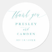 Aqua Thank You Wedding Calligraphy Favor Labels Runder Aufkleber (Vorderseite)