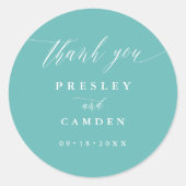 Aqua Thank You Wedding Calligraphy Favor Labels Runder Aufkleber (Vorderseite)