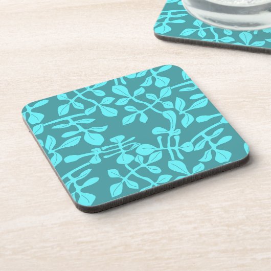 Aqua Tone on Tone Modernes Leaf Design Set 6 Getränkeuntersetzer (Linke Seite)