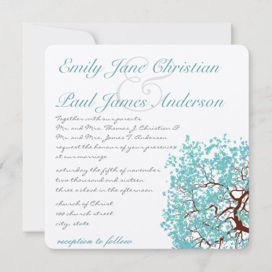 Aqua Tree Brown Trunk Wedding Invites Einladung (Vorderseite)
