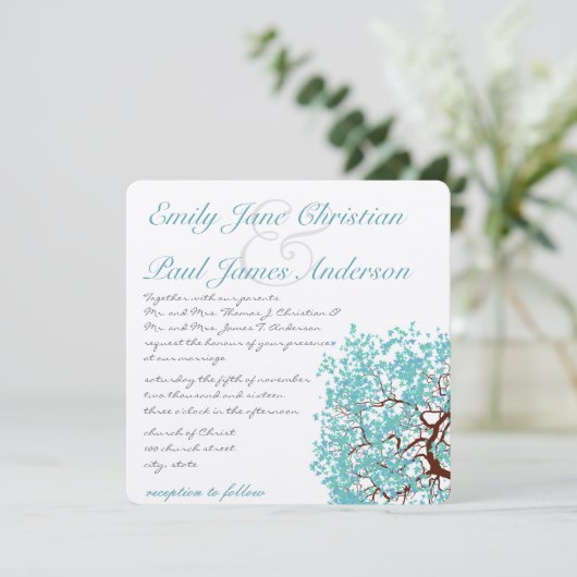 Aqua Tree Brown Trunk Wedding Invites Einladung (Stehend Vorderseite)