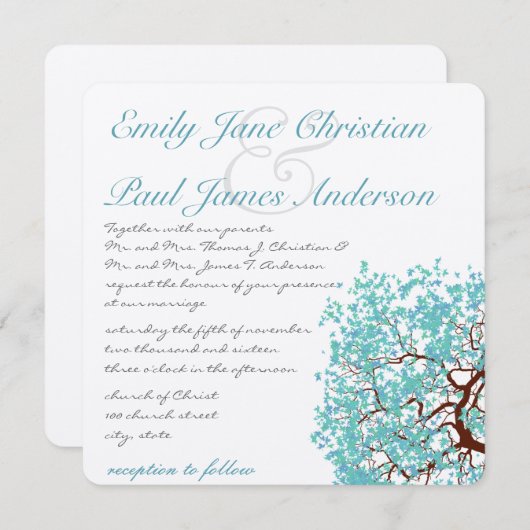 Aqua Tree Brown Trunk Wedding Invites Einladung (Vorne/Hinten)