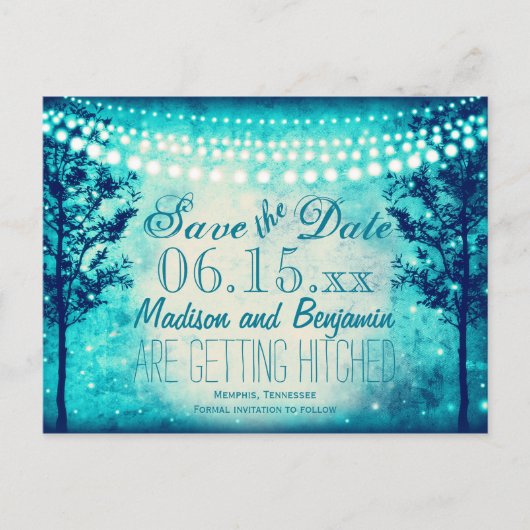 Aqua Trees String Lights Save the Date Postkarten (Vorderseite)