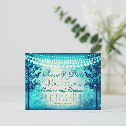 Aqua Trees String Lights Save the Date Postkarten (Stehend Vorderseite)