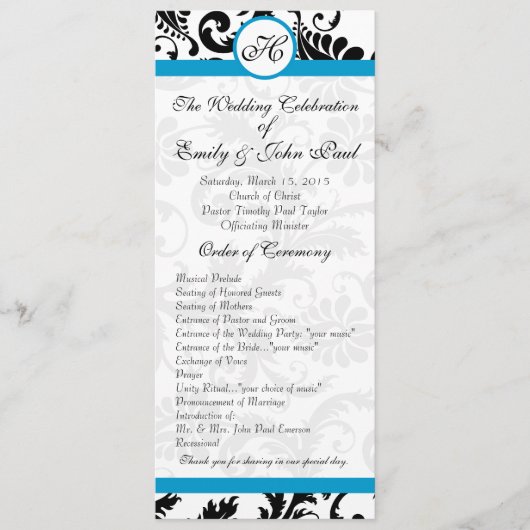 Aqua Trim Black Damask Wedding Program Programm (Vorderseite)