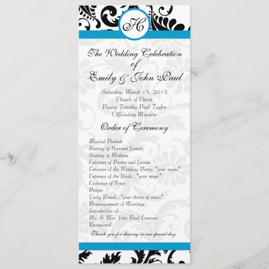 Aqua Trim Schwarzes Damast-Hochzeitsprogramm Programm (Vorderseite)