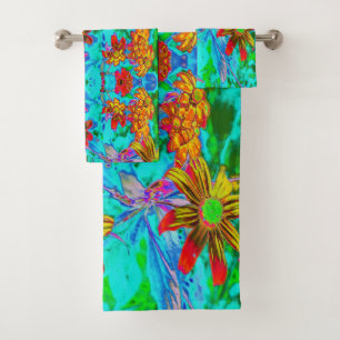 Aqua Tropical mit gelben und orangefarbenen Blume Badhandtuch Set