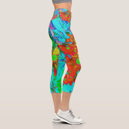 Aqua Tropical mit gelben und orangefarbenen Blume Capri Leggings