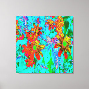 Aqua Tropical mit gelben und orangen Blumen Leinwanddruck