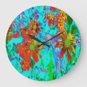 Aqua Tropical with Yellow and Orange Flowers Große Wanduhr