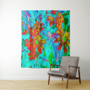 Aqua-Tropisch mit gelben und orangen Blumen Wandteppich