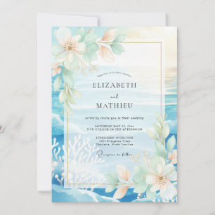 Aqua Tropische Koralle Eukalyptus Hochzeit Einladung