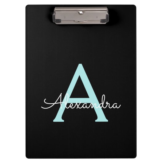 Aqua Türkis Blau Schrift Mädchen Monogramm Name Klemmbrett (Vorderseite)