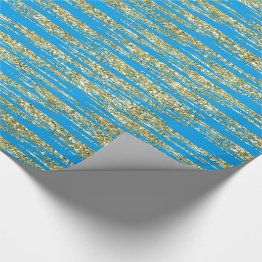 Aqua-Türkis-GoldImitat-Glitzer-Streifen Geschenkpapier (Ecke)