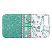 Aqua-Türkis-Monogramm-Blumen-Glitzer-Muster Case-Mate iPhone Hülle (Rückseite (Horizontal))