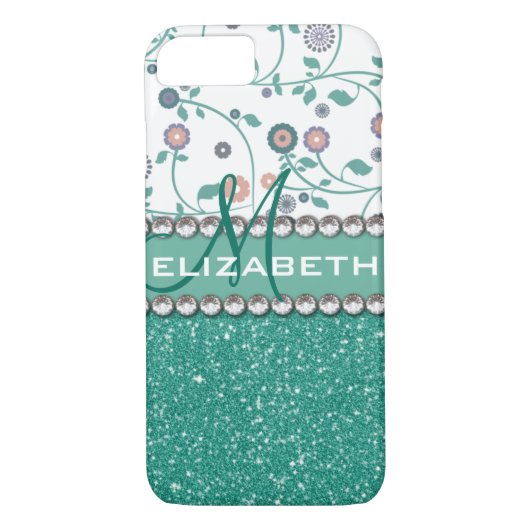 Aqua-Türkis-Monogramm-Blumen-Glitzer-Muster Case-Mate iPhone Hülle (Rückseite)