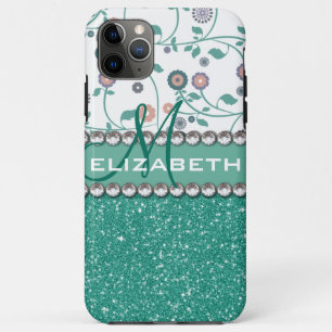Aqua-Türkis-Monogramm-Blumen-Glitzer-Muster iPhone 11 Pro Max Hülle