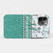 Aqua-Türkis-Monogramm-Blumen-Glitzer-Muster Case-Mate iPhone Hülle (Rückseite (Horizontal))