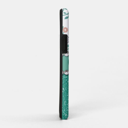 Aqua-Türkis-Monogramm-Blumen-Glitzer-Muster Case-Mate iPhone Hülle (Hinten/Rechts)
