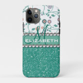 Aqua-Türkis-Monogramm-Blumen-Glitzer-Muster Case-Mate iPhone Hülle (Rückseite)