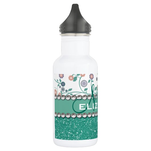 Aqua-Türkis-Monogramm-Blumen-Glitzer-Muster Edelstahlflasche (Links)