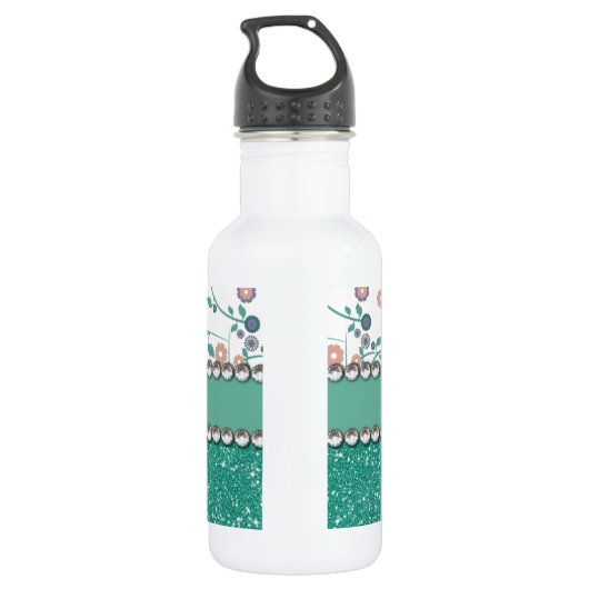 Aqua-Türkis-Monogramm-Blumen-Glitzer-Muster Edelstahlflasche (Rückseite)