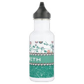 Aqua-Türkis-Monogramm-Blumen-Glitzer-Muster Edelstahlflasche (Rechts)