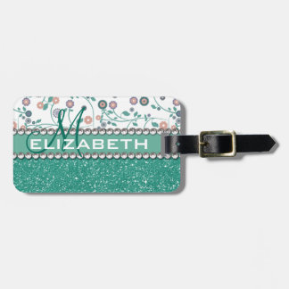 Aqua-Türkis-Monogramm-Blumen-Glitzer-Muster Gepäckanhänger