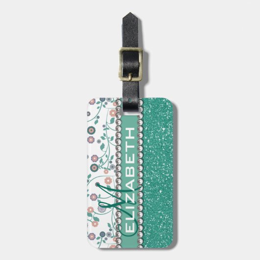 Aqua-Türkis-Monogramm-Blumen-Glitzer-Muster Gepäckanhänger (Vorderseite vertikal)