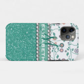 Aqua-Türkis-Monogramm-Blumen-Glitzer Pern Case-Mate iPhone Hülle (Rückseite (Horizontal))