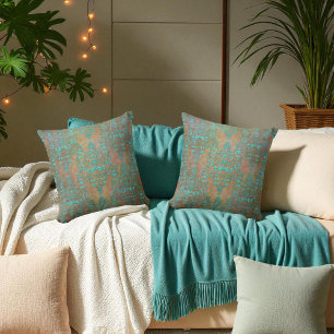 Aqua Türkis über Braunes Vintage-Damask-Design Kissen