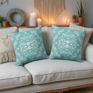 Aqua Türkis und Weiß Floral Damast Kissen