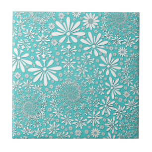 Aqua Türkis und Weiß Frühlingsblumen Muster Fliese