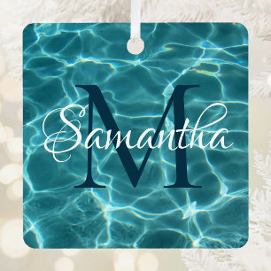 Aqua Türkis und Weiß Schwimmbad Foto Monogramm Ornament Aus Metall