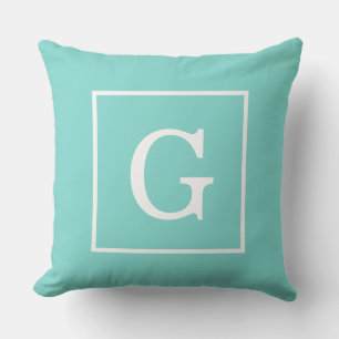 Aqua Türkis Weiß gerahmtes Initialen-Monogramm Kissen
