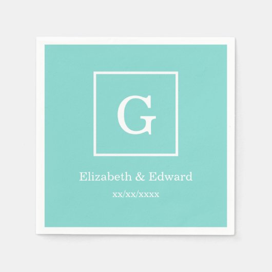 Aqua-Türkis-weißes gerahmtes Anfangsmonogramm Serviette (Vorderseite)