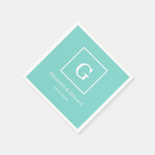 Aqua-Türkis-weißes gerahmtes Anfangsmonogramm Serviette (Ecke)