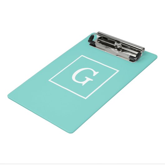 Aqua Türkis White Gerahmt Initial Monogram Mini Klemmbrett (Gewinkelt3)