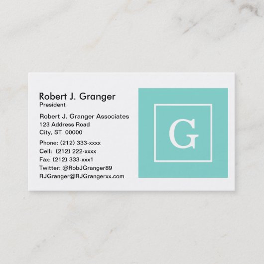 Aqua Türkis White Gerahmt Initial Monogram Visitenkarte (Vorderseite)