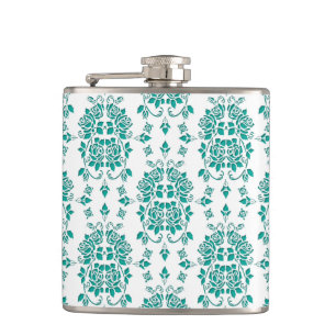 Aqua Türkisrose Florales Damaststil-Muster Flachmann