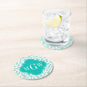 Aqua/Turq Weißsteine Aquamarin Quatrefolie 3 Monog Runder Pappuntersetzer (Vor Ort)