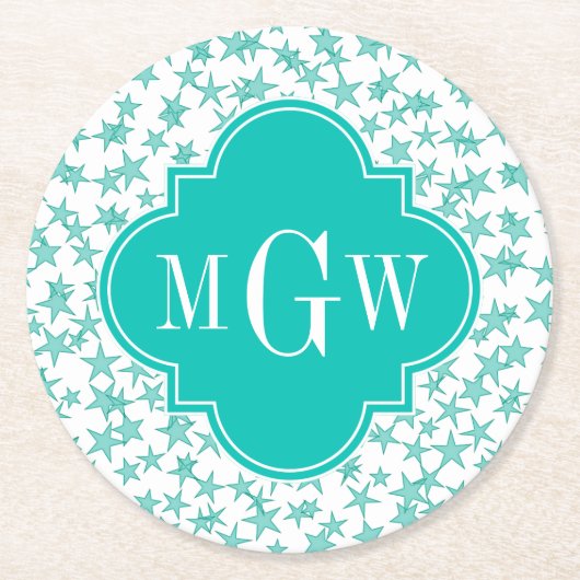 Aqua/Turq Weißsteine Aquamarin Quatrefolie 3 Monog Runder Pappuntersetzer (Vorderseite)