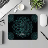 Aqua Turquoise & Black Mandala w Calligraphy Name Mousepad