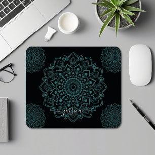 Aqua Turquoise & Black Mandala w Calligraphy Name Mousepad