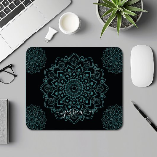Aqua Turquoise & Black Mandala w Calligraphy Name Mousepad