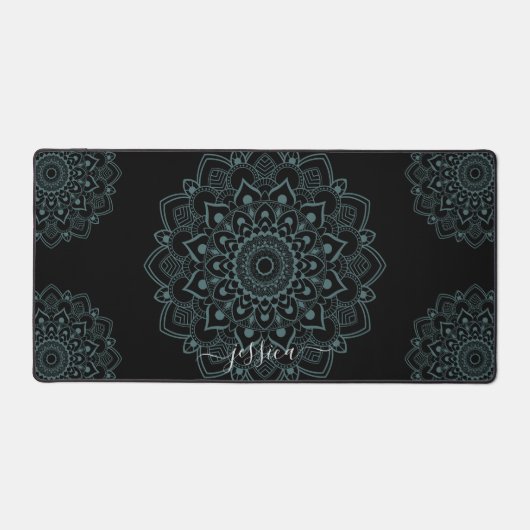 Aqua Turquoise & Black Mandala w Calligraphy Name Schreibtischunterlage (Vorderseite)